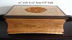 Summary: 
 
21" wide X 15" deep X 8" tall.  
Hand-Made with 100% solid wood (no veneer or MDF).   
Consists of Figured Cherrywood, premium Spanish...